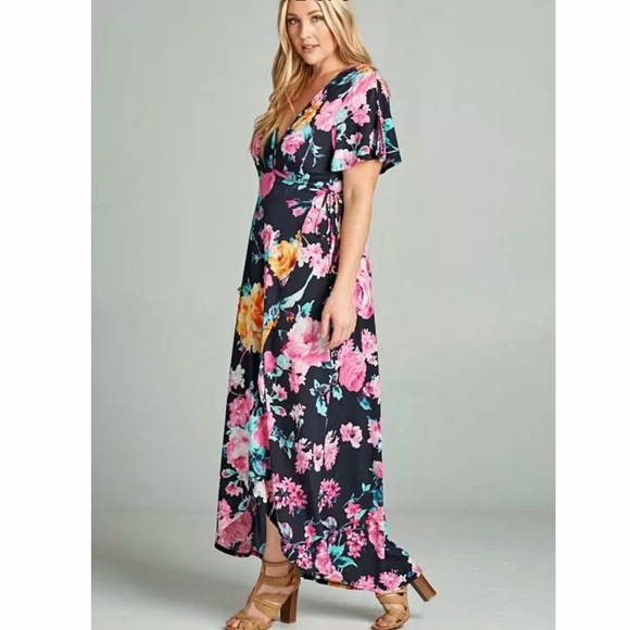 Emerald Floral Flutter Stretch Wrap Maxi Dress - Picture 2 of 3